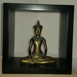 Vintage Sitting Buddha Statue Figurine in Black Wood Shadow Box Frame RARE!